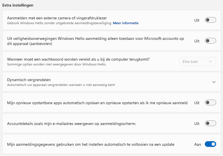 Windows 11: Accounts > Aanmeldingsopties > Extra instellingen