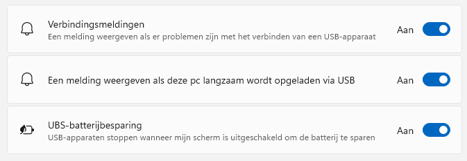 Windows 11 USB instellingen: verbindingsmeldingen en USB-batterijbesparing