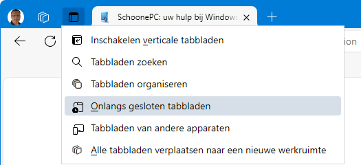 Edge Tabbladen actiemenu