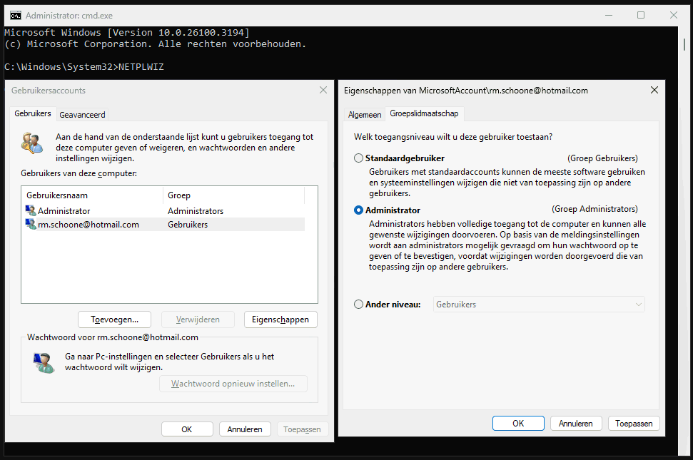 Veilige modus: met NETPLWIX administratorrechten geven aan gebruikersaccount