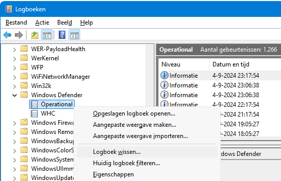 Logboeken Toepassingen en Services > Microsoft > Windows > Windows Defender > Operational > Logboek wissen