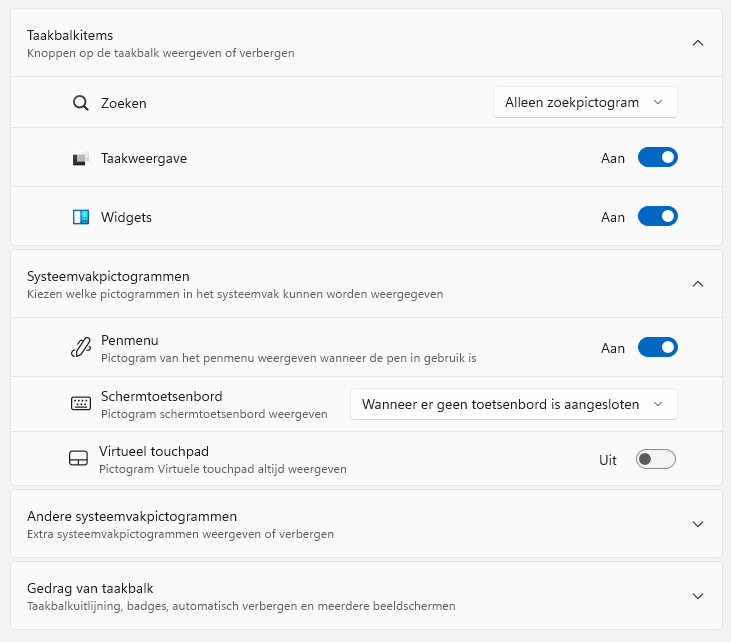 Windows 11 taakbalk: taakbalkknoppen Zoeken, Copilot, Taakweergave en Widgets