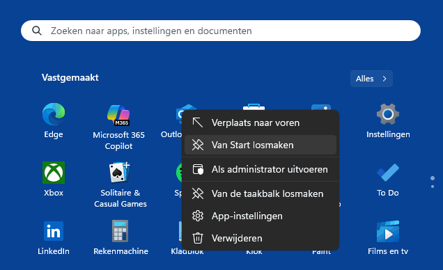 Apps 'Aan de taakbalk vastmaken''en 'Van Start losmaken'