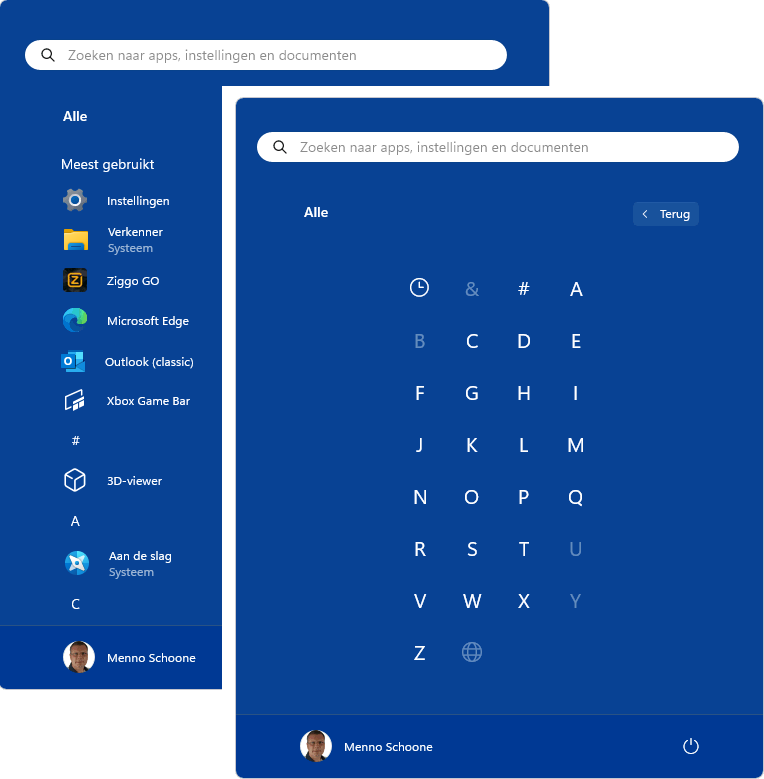 Windows 11 startmenu: Alle apps op alfabet