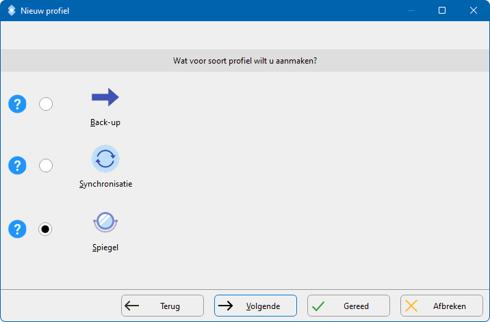 Kiezen voor het maken van een back-up, kopie  of synchronisatie profiel