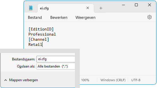 Windows Professional installeren via eenaanpassing van het  bestand EI.CFG