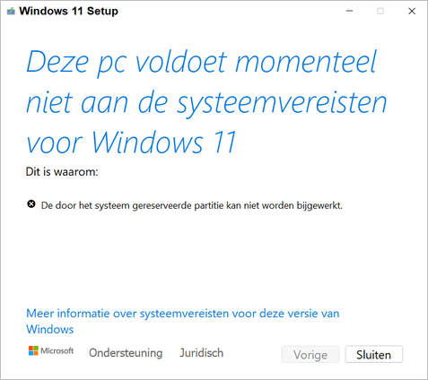 Windows 11 kan niet worden uitgevoerd op deze pc: De door het systeem gereserveerde partitie kan niet worden bijgewerkt