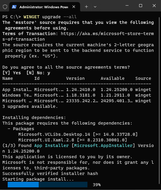 Alle programma's updaten met het commando WINGET  upgrade  --all