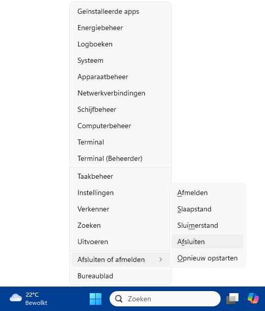 Het Win-X startmenu van Windows 11