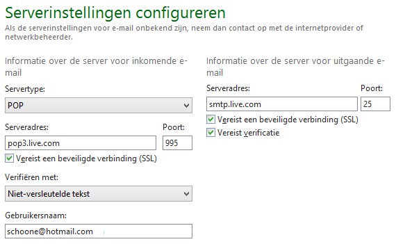 POP-instellingen Hotmail in Windows Live Mail