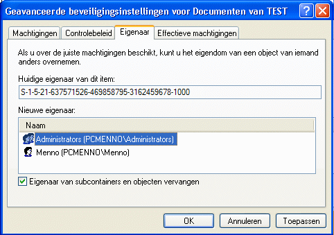 Geavanceerde beveiligingsinstellingen: rechten toewijzen aan de administrator accounts.