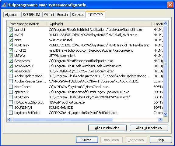 Opstartitems uitschakelen met MSCONFIG, tabblad Opstarten