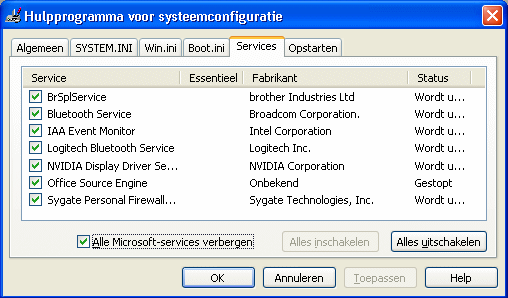 Opstartitems uitschakelen met MSCONFIG, tabblad Services