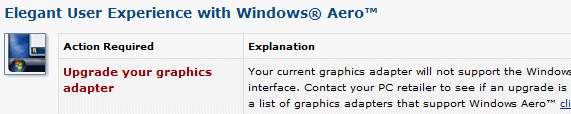 Windows Vista Upgrad Advisor binnen Windows Vista: de grafische kaart vormt een probleem voor de Windows Vista Aero interface