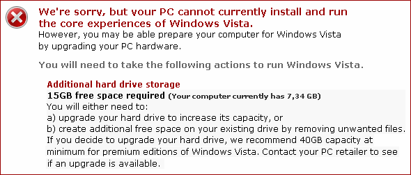 Windows Vista Upgrade Advisor Beta: melding over benodigde schijfruimte