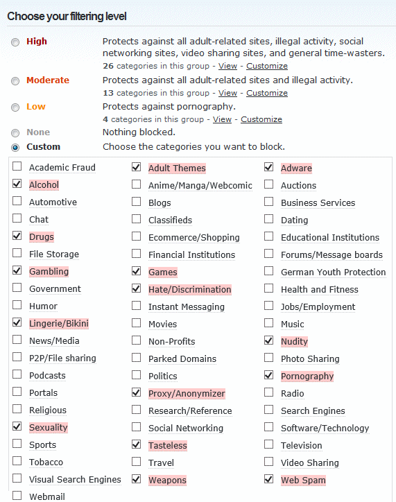 Categorieën OpenDNS selecteren