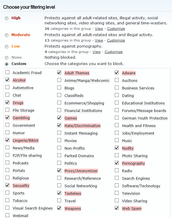 Categorien OpenDNS selecteren