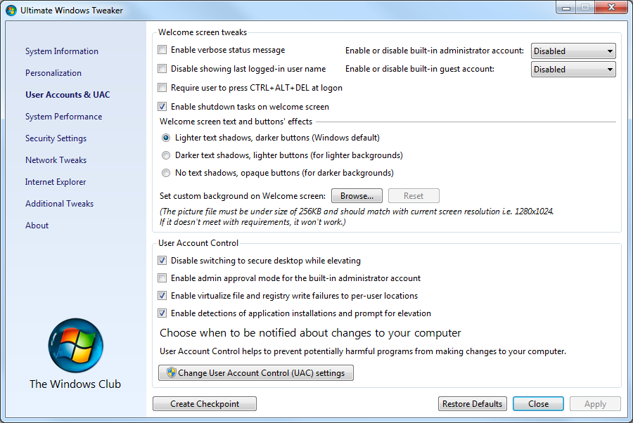 Ultimate Windows Tweaker: gebruikersaccounts en UAC