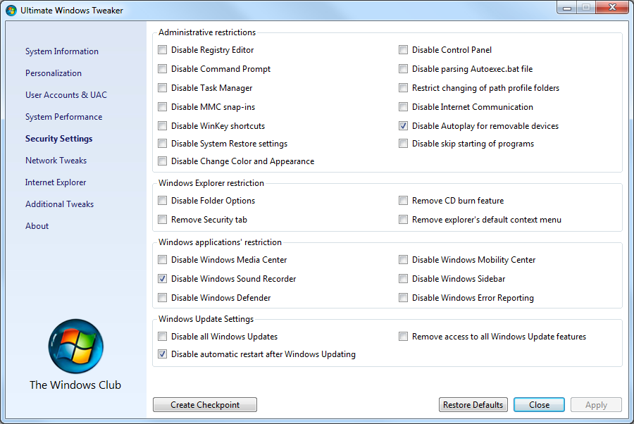 Ultimate Windows Tweaker: beveiligingsinstellingen