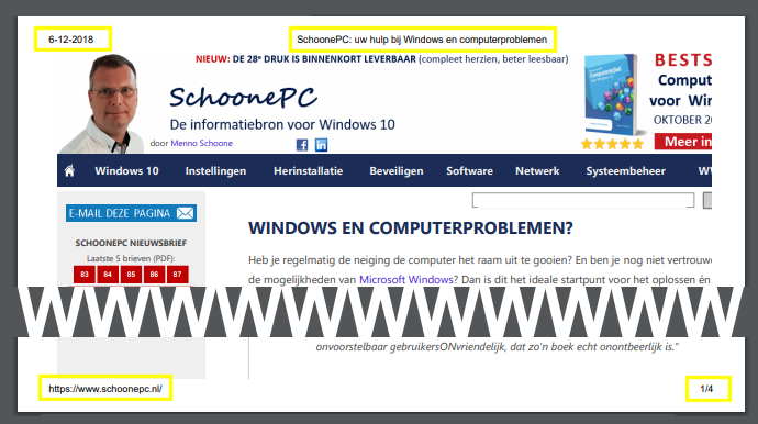 Edge: kop- en voettekst van een af te drukken webpagina