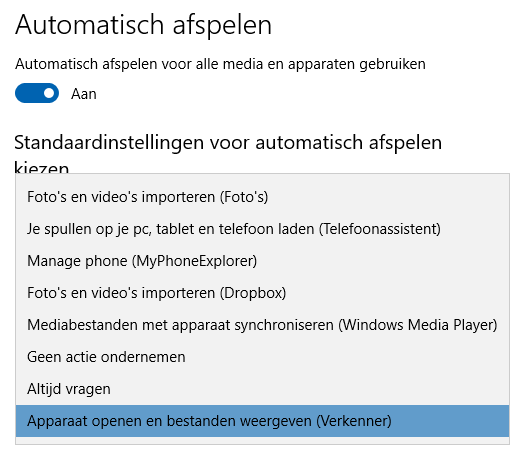 Automatisch afspelen: Apparaat openen en bestanden weergeven (Verkenner)