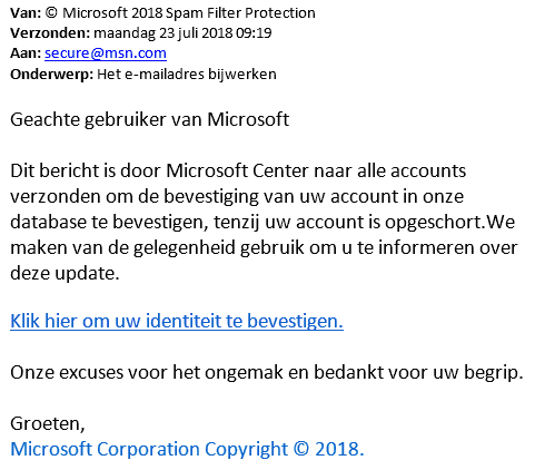 Phishing e-mailbericht van 'Microsoft'