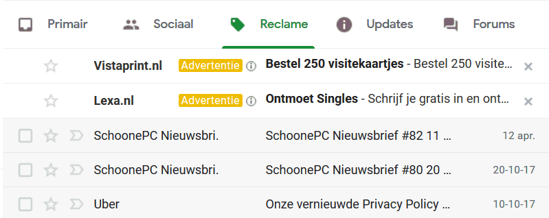 Inbox categorien van Gmail: Primair, Sociaal, Reclame, Updates en Forums