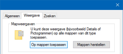 Opties, tabblad Weergave, knop Op mappen toepasen