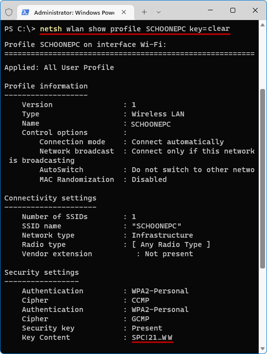 Wachtwoord achterhalen: netsh wlan show profile key=clear