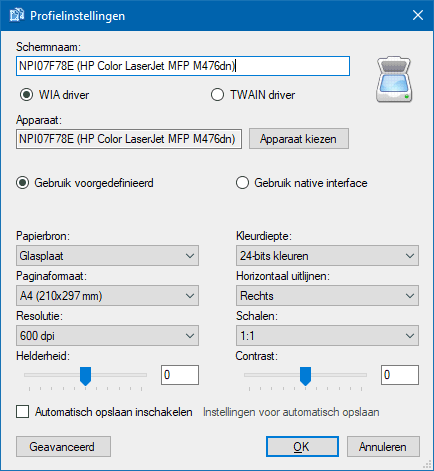 Scannersoftware NAPS profielinstellingen: WIA, TWAIN, DPI, A4