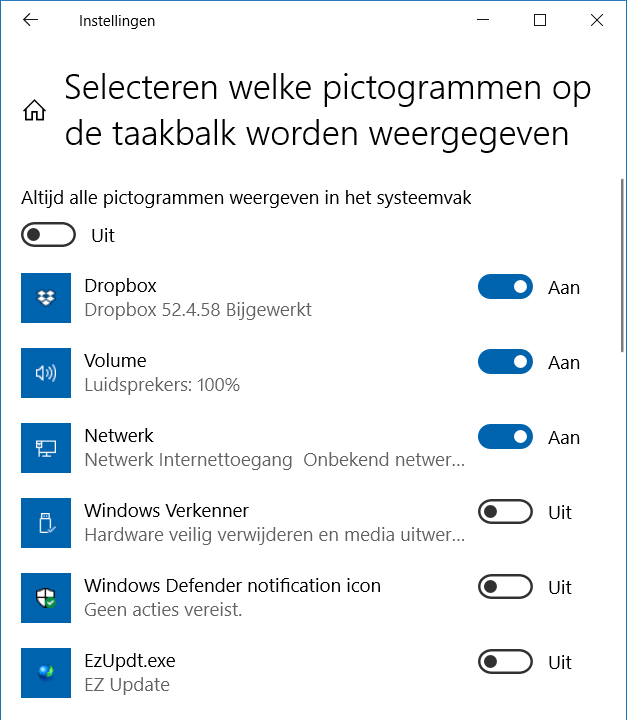 Selecteren welke pictogrammen op de taakbalk worden weergegeven