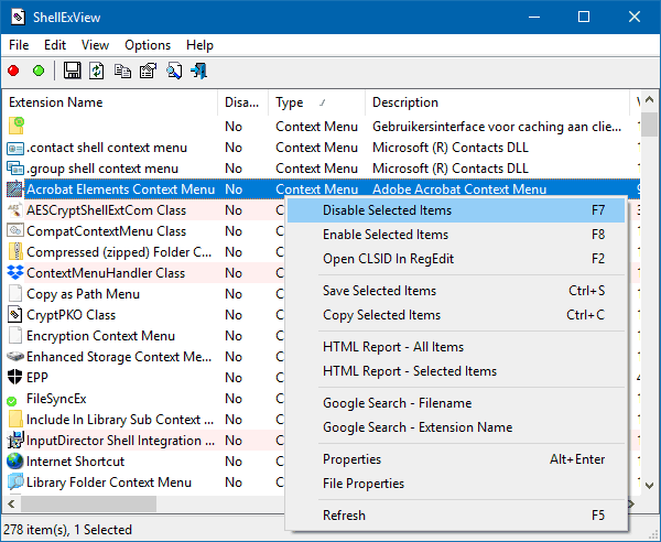 ShellExView voor het uitschakelen van items in het contextmenu