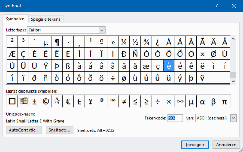 Invoegen van letters met leestekens en andere symbolen