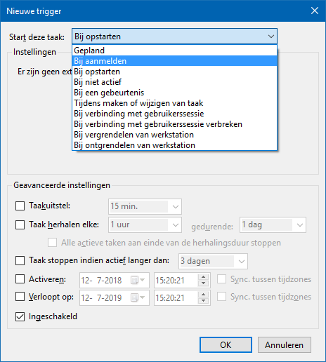 Taakplanner - Taak maken - Nieuwe trigger - Start deze taak: Bij aanmelden