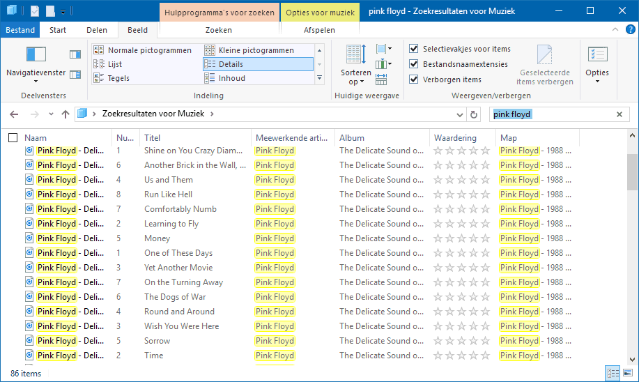 Windows Verkenner: weergave Muziek in details