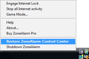 ZoneAlarm firewall Control Center