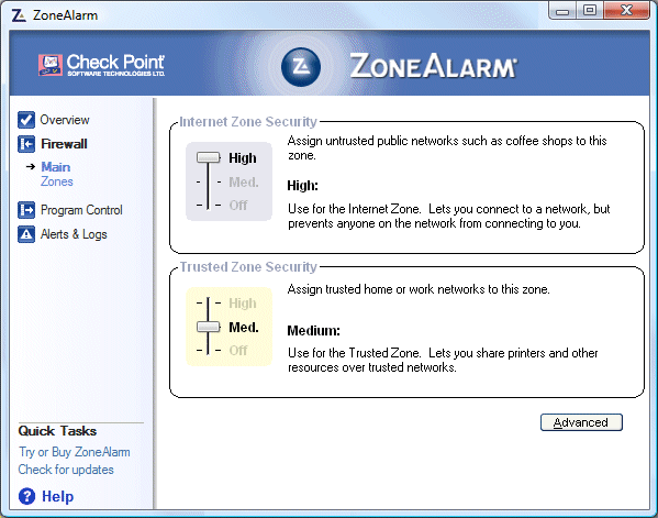 ZoneAlarm firewall zone beveiligings instellingen