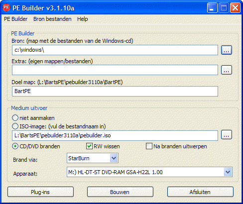BartPE PE Builder scherm.