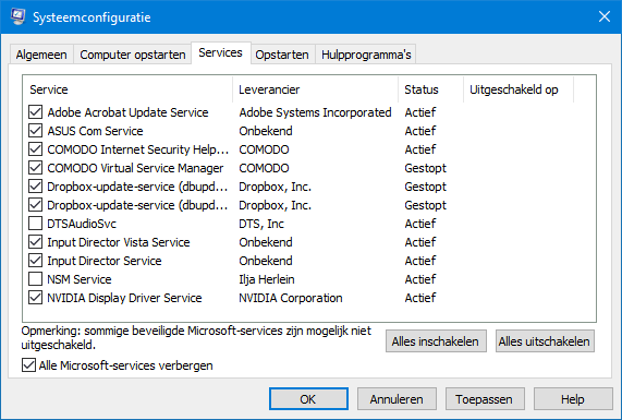 MSConfig: services uitschakelen