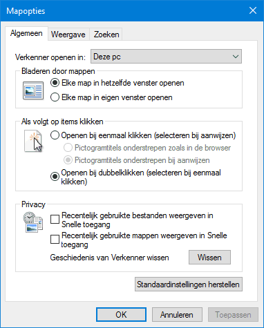 Windows Verkenner openen in Deze pc (tabblad Algemeen)
