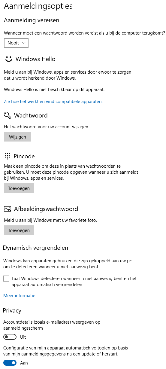 Windows 10 instellingen: onderdeel Accounts, sub Aanmeldingsopties