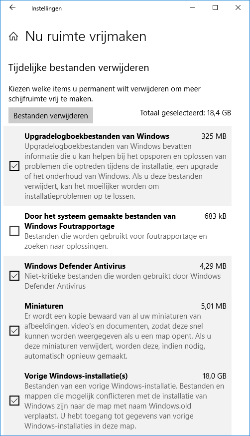 Windows 10 nu ruimte vrijmaken (tijdelijke bestanden verwijderen)