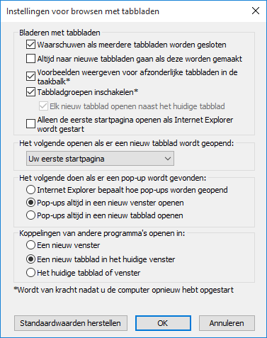 Internet Explorer: Instellingen voor browsen met tabbladen