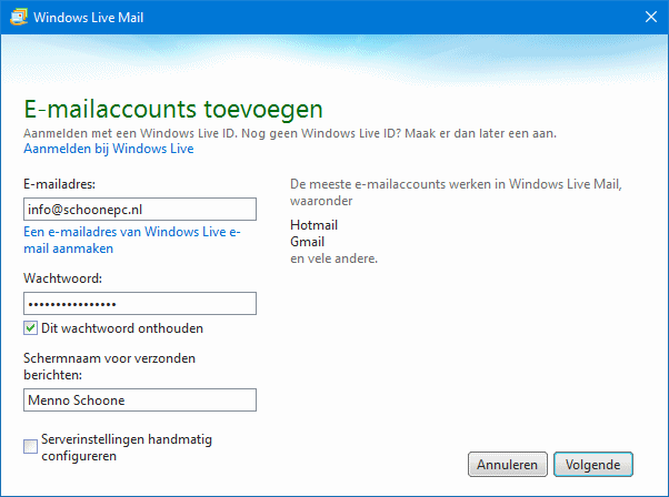 Windows Live Mail account aanmaken