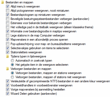 Opties Windows Verkenner organiseren