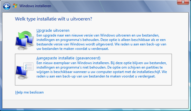 Een upgrade installatie van een aangepaste installatie van Windows 7