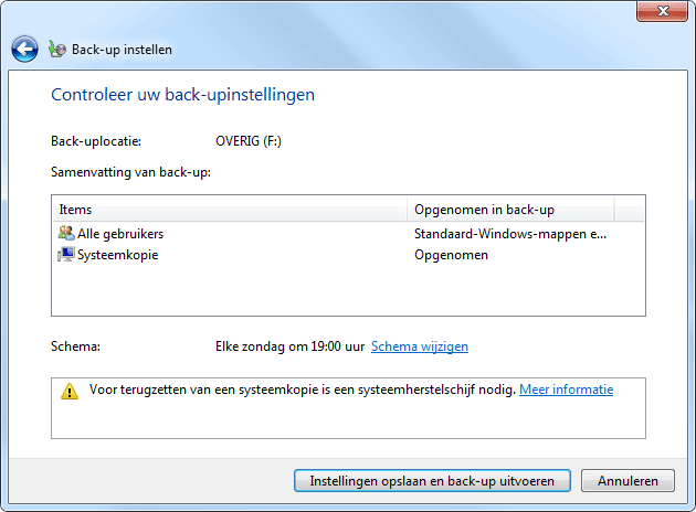 Back-upcentrum: back-up van bestanden en het systeem maken